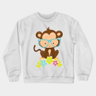 Hipster Monkey, Monkey With Glasses, Flowers Crewneck Sweatshirt